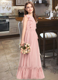 Julia A-Line Scoop Neck Floor-Length Chiffon Junior Bridesmaid Dress With Bow(s) Cascading Ruffles UKP0013375