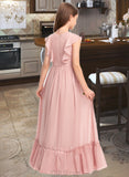 Julia A-Line Scoop Neck Floor-Length Chiffon Junior Bridesmaid Dress With Bow(s) Cascading Ruffles UKP0013375