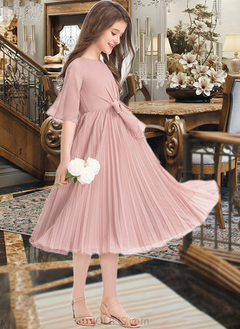 Aaliyah A-Line Scoop Neck Knee-Length Chiffon Junior Bridesmaid Dress With Bow(s) Pleated UKP0013377