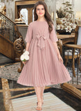 Aaliyah A-Line Scoop Neck Knee-Length Chiffon Junior Bridesmaid Dress With Bow(s) Pleated UKP0013377