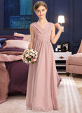 Adalynn A-Line V-neck Floor-Length Chiffon Junior Bridesmaid Dress With Ruffle Bow(s) UKP0013378