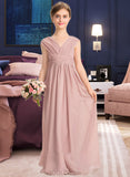 Adalynn A-Line V-neck Floor-Length Chiffon Junior Bridesmaid Dress With Ruffle Bow(s) UKP0013378