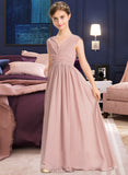 Adalynn A-Line V-neck Floor-Length Chiffon Junior Bridesmaid Dress With Ruffle Bow(s) UKP0013378