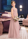 Adalynn A-Line V-neck Floor-Length Chiffon Junior Bridesmaid Dress With Ruffle Bow(s) UKP0013378