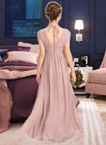 Adalynn A-Line V-neck Floor-Length Chiffon Junior Bridesmaid Dress With Ruffle Bow(s) UKP0013378