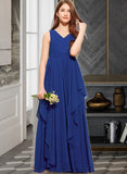 Andrea A-Line V-neck Floor-Length Chiffon Junior Bridesmaid Dress With Cascading Ruffles UKP0013381