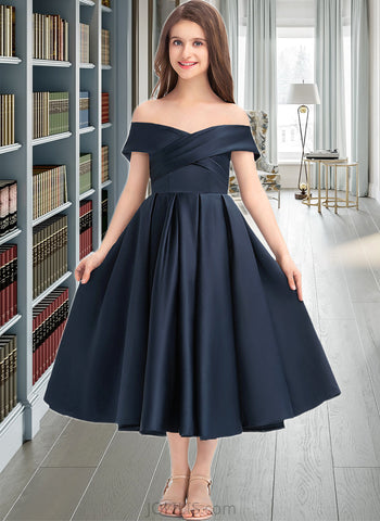 Mimi A-Line Off-the-Shoulder Tea-Length Satin Junior Bridesmaid Dress With Ruffle Pockets UKP0013383