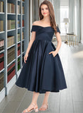 Mimi A-Line Off-the-Shoulder Tea-Length Satin Junior Bridesmaid Dress With Ruffle Pockets UKP0013383