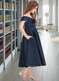 Mimi A-Line Off-the-Shoulder Tea-Length Satin Junior Bridesmaid Dress With Ruffle Pockets UKP0013383