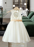 Tanya A-Line Scoop Neck Knee-Length Tulle Junior Bridesmaid Dress With Sash Bow(s) UKP0013387