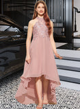 Holly A-Line Scoop Neck Asymmetrical Chiffon Lace Junior Bridesmaid Dress UKP0013388