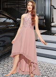 Holly A-Line Scoop Neck Asymmetrical Chiffon Lace Junior Bridesmaid Dress UKP0013388