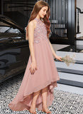 Holly A-Line Scoop Neck Asymmetrical Chiffon Lace Junior Bridesmaid Dress UKP0013388