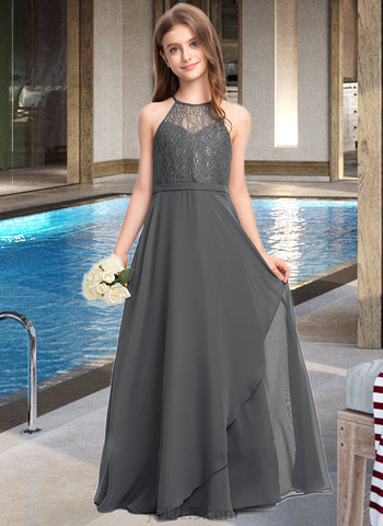 Urania A-Line Scoop Neck Floor-Length Chiffon Lace Junior Bridesmaid Dress With Cascading Ruffles UKP0013389