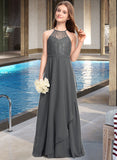 Urania A-Line Scoop Neck Floor-Length Chiffon Lace Junior Bridesmaid Dress With Cascading Ruffles UKP0013389