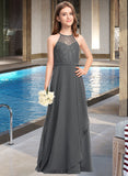 Urania A-Line Scoop Neck Floor-Length Chiffon Lace Junior Bridesmaid Dress With Cascading Ruffles UKP0013389