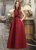 Shayna A-Line Scoop Neck Floor-Length Satin Junior Bridesmaid Dress With Bow(s) Pockets UKP0013391