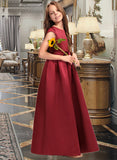 Shayna A-Line Scoop Neck Floor-Length Satin Junior Bridesmaid Dress With Bow(s) Pockets UKP0013391