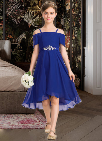 Jaylyn A-Line Off-the-Shoulder Asymmetrical Chiffon Junior Bridesmaid Dress With Beading Bow(s) UKP0013392