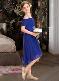 Jaylyn A-Line Off-the-Shoulder Asymmetrical Chiffon Junior Bridesmaid Dress With Beading Bow(s) UKP0013392