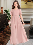 Melinda A-Line V-neck Floor-Length Chiffon Junior Bridesmaid Dress With Bow(s) UKP0013399