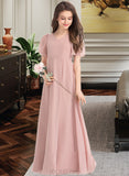 Melinda A-Line V-neck Floor-Length Chiffon Junior Bridesmaid Dress With Bow(s) UKP0013399