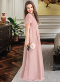 Melinda A-Line V-neck Floor-Length Chiffon Junior Bridesmaid Dress With Bow(s) UKP0013399