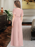 Melinda A-Line V-neck Floor-Length Chiffon Junior Bridesmaid Dress With Bow(s) UKP0013399