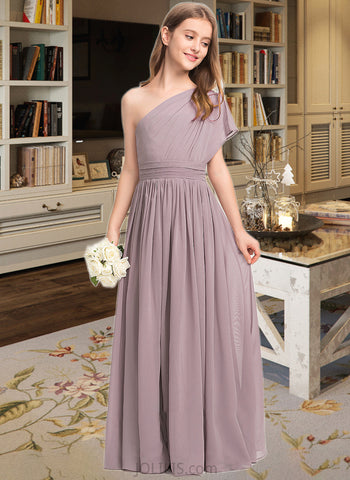 Karla A-Line One-Shoulder Floor-Length Chiffon Junior Bridesmaid Dress With Ruffle UKP0013400