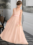 Jaylen A-Line V-neck Floor-Length Chiffon Junior Bridesmaid Dress With Ruffle Bow(s) UKP0013402