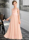 Jaylen A-Line V-neck Floor-Length Chiffon Junior Bridesmaid Dress With Ruffle Bow(s) UKP0013402