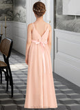 Jaylen A-Line V-neck Floor-Length Chiffon Junior Bridesmaid Dress With Ruffle Bow(s) UKP0013402