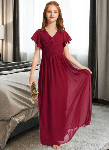 Abbie A-Line V-neck Floor-Length Chiffon Junior Bridesmaid Dress With Ruffle UKP0013405