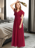 Abbie A-Line V-neck Floor-Length Chiffon Junior Bridesmaid Dress With Ruffle UKP0013405