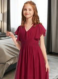 Abbie A-Line V-neck Floor-Length Chiffon Junior Bridesmaid Dress With Ruffle UKP0013405