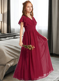 Abbie A-Line V-neck Floor-Length Chiffon Junior Bridesmaid Dress With Ruffle UKP0013405