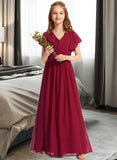 Abbie A-Line V-neck Floor-Length Chiffon Junior Bridesmaid Dress With Ruffle UKP0013405