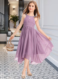 Victoria A-Line Scoop Neck Tea-Length Chiffon Junior Bridesmaid Dress With Ruffle Beading Bow(s) UKP0013406