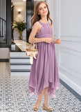 Victoria A-Line Scoop Neck Tea-Length Chiffon Junior Bridesmaid Dress With Ruffle Beading Bow(s) UKP0013406