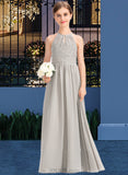 Erin A-Line Scoop Neck Floor-Length Chiffon Lace Junior Bridesmaid Dress With Ruffle UKP0013409