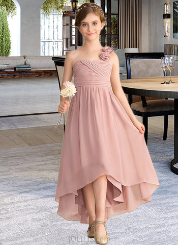 Morgan A-Line One-Shoulder Asymmetrical Chiffon Junior Bridesmaid Dress With Ruffle Flower(s) Bow(s) UKP0013410