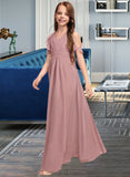 Jaden A-Line V-neck Floor-Length Chiffon Junior Bridesmaid Dress With Cascading Ruffles UKP0013413