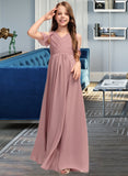 Jaden A-Line V-neck Floor-Length Chiffon Junior Bridesmaid Dress With Cascading Ruffles UKP0013413