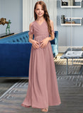 Jaden A-Line V-neck Floor-Length Chiffon Junior Bridesmaid Dress With Cascading Ruffles UKP0013413