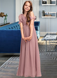 Jaden A-Line V-neck Floor-Length Chiffon Junior Bridesmaid Dress With Cascading Ruffles UKP0013413