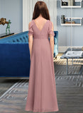 Jaden A-Line V-neck Floor-Length Chiffon Junior Bridesmaid Dress With Cascading Ruffles UKP0013413