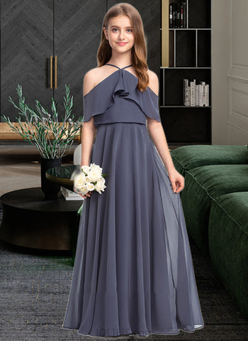 Kendall A-Line Off-the-Shoulder Floor-Length Chiffon Junior Bridesmaid Dress With Cascading Ruffles UKP0013415