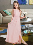 Kendra A-Line Scoop Neck Floor-Length Chiffon Junior Bridesmaid Dress With Ruffle Split Front UKP0013425