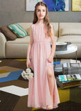 Kendra A-Line Scoop Neck Floor-Length Chiffon Junior Bridesmaid Dress With Ruffle Split Front UKP0013425