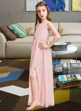 Kendra A-Line Scoop Neck Floor-Length Chiffon Junior Bridesmaid Dress With Ruffle Split Front UKP0013425